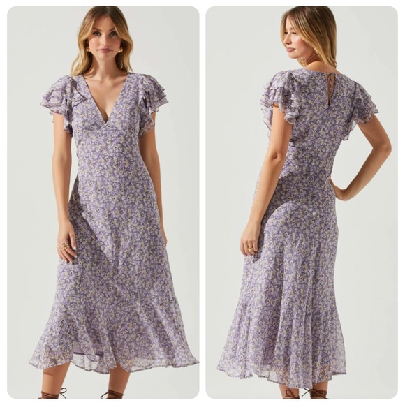 NEW ASTR Celestine Floral Ruffle Midi Dress Purple Size Small S - Picture 1 of 4